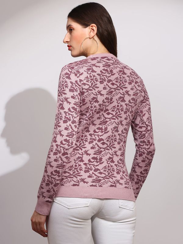 Globus Women Pink Round Neck Long Sleeves Floral Print Ribbed Hem Winterwear Pullover Sweater