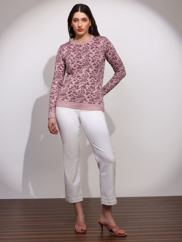 Globus Women Pink Round Neck Long Sleeves Floral Print Ribbed Hem Winterwear Pullover Sweater