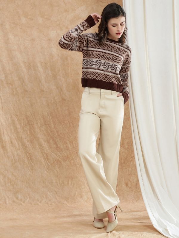 Globus Women Brown Round Neck Long Sleeve Self Design Knitted Ribbed Hem Acrylic Winterwear Pullover Sweater