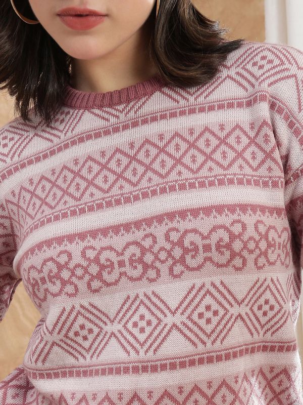 Globus Women Pink Round Neck Long Sleeve Self Design Knitted Ribbed Hem Acrylic Winterwear Pullover Sweater