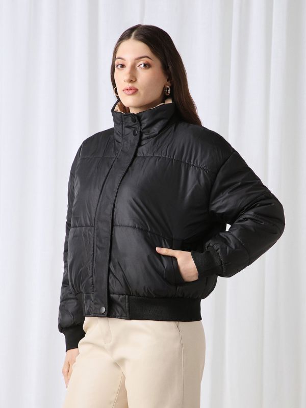 Globus Women Black High Neck Long Sleeves Winter Wear Puffer Jacket