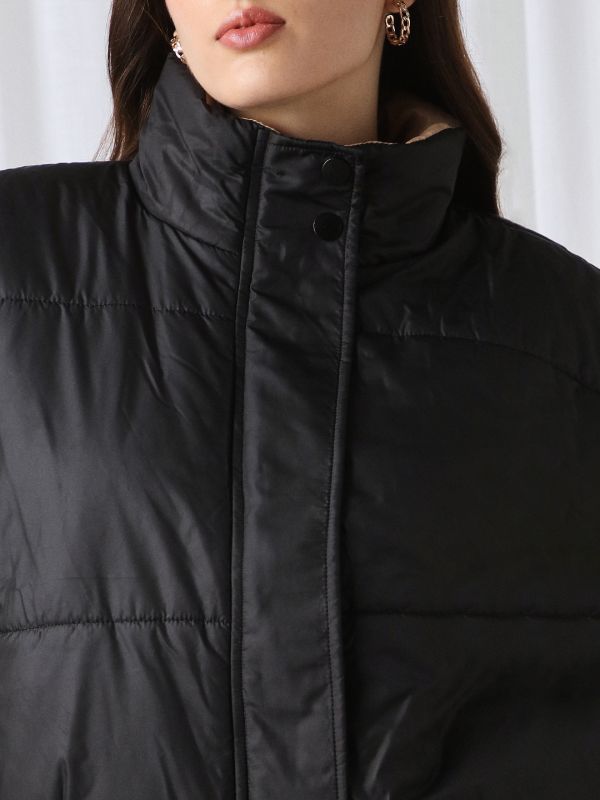 Globus Women Black High Neck Long Sleeves Winter Wear Puffer Jacket