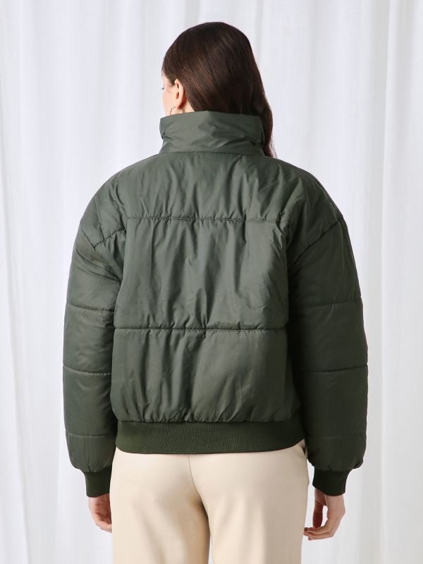 Globus Women Olive High Neck Long Sleeves Winter Wear Puffer Jacket