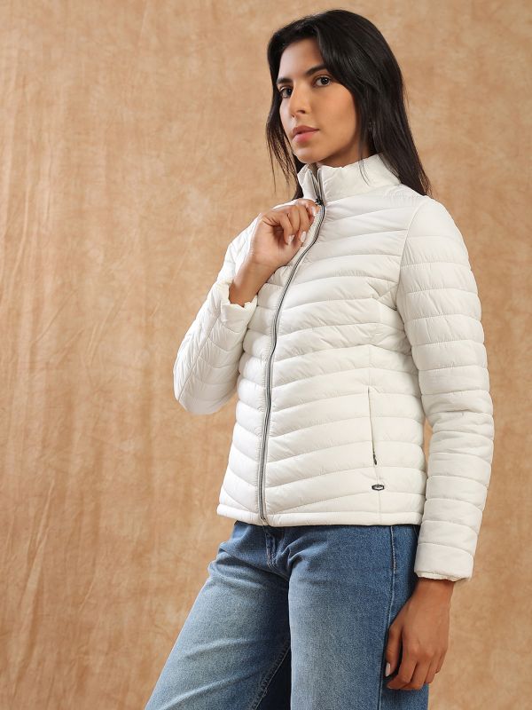 Globus Women White Mock Neck Front Zip 2 Pockets Winter Wear Insulator Puffer Jacket