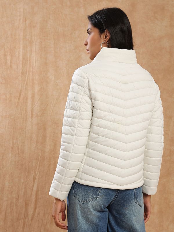 Globus Women White Mock Neck Front Zip 2 Pockets Winter Wear Insulator Puffer Jacket