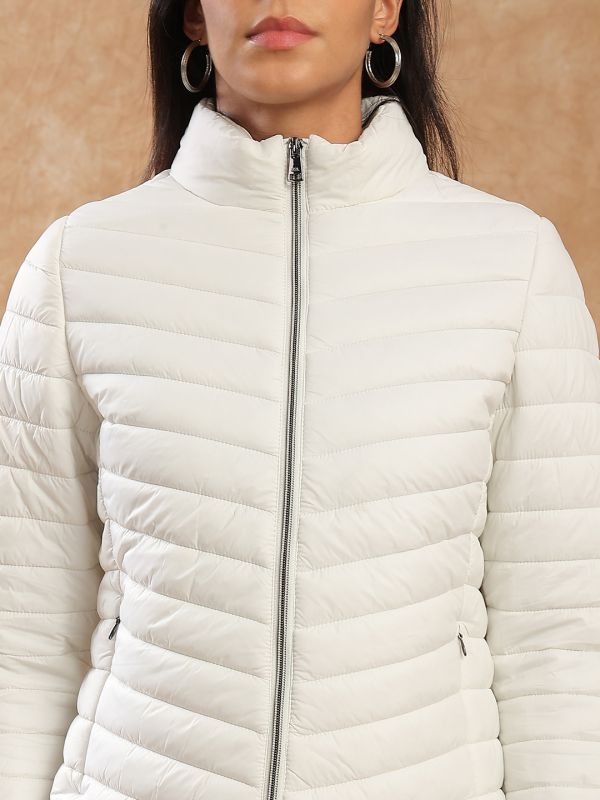 Globus Women White Mock Neck Front Zip 2 Pockets Winter Wear Insulator Puffer Jacket