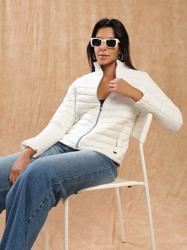 Globus Women White Mock Neck Front Zip 2 Pockets Winter Wear Insulator Puffer Jacket