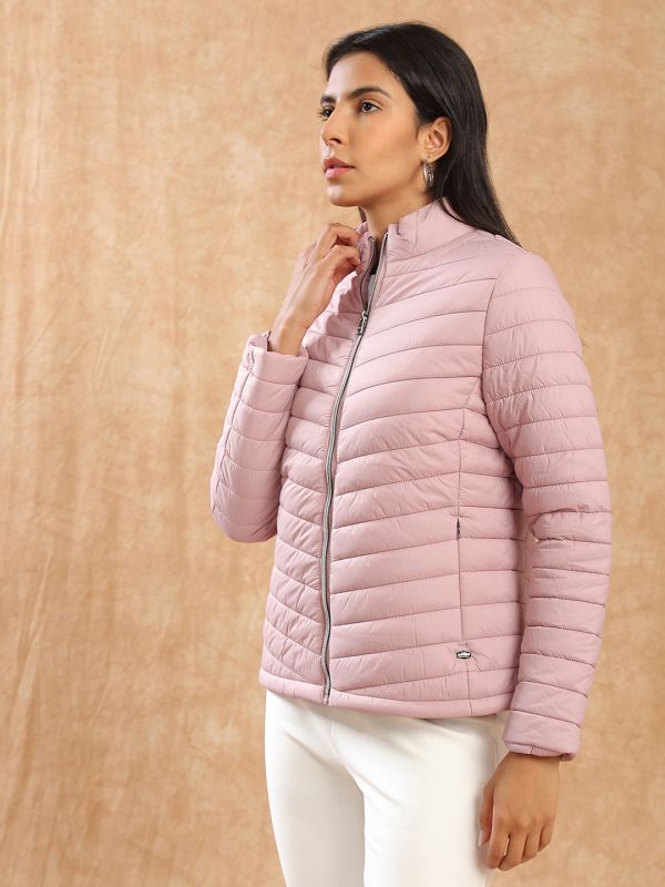 Globus Women Pink Mock Neck Front Zip 2 Pockets Winter Wear Insulator Puffer Jacket