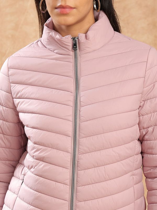 Globus Women Pink Mock Neck Front Zip 2 Pockets Winter Wear Insulator Puffer Jacket
