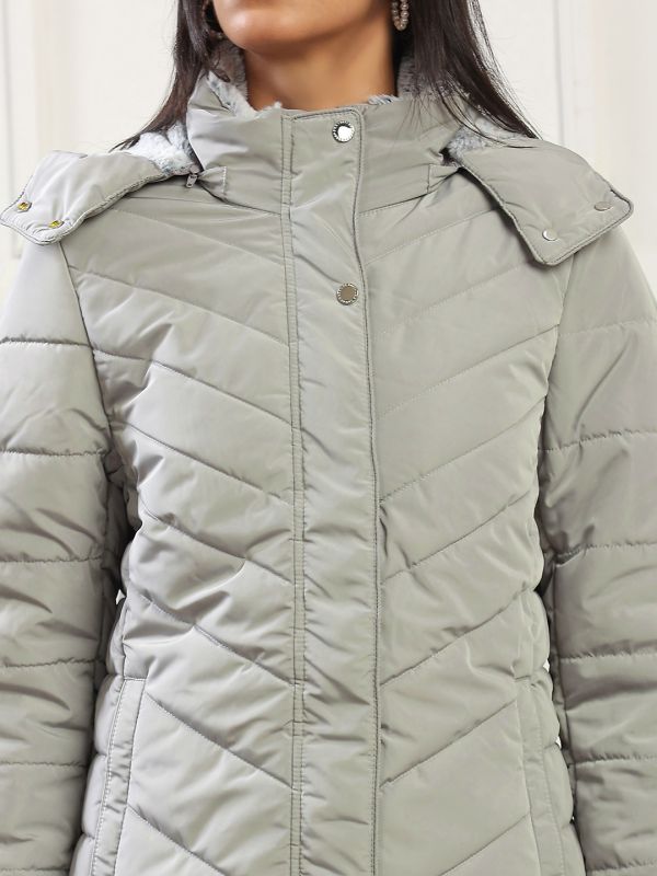 Globus Women Grey Mock Neck Winter Wear Insulator Puffer Jacket With Detachable Soft Functional Hood