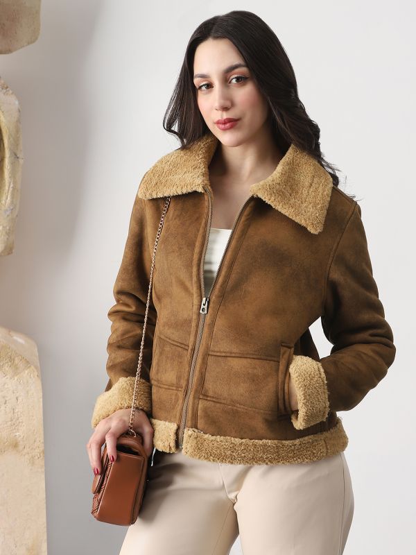 Globus Women Tan Faux Fur Spread Collar Front Zip 2 Pockets Suede Winterwear Jacket