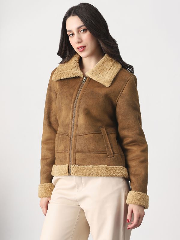 Globus Women Tan Faux Fur Spread Collar Front Zip 2 Pockets Suede Winterwear Jacket