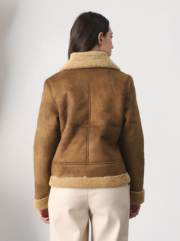 Globus Women Tan Faux Fur Spread Collar Front Zip 2 Pockets Suede Winterwear Jacket