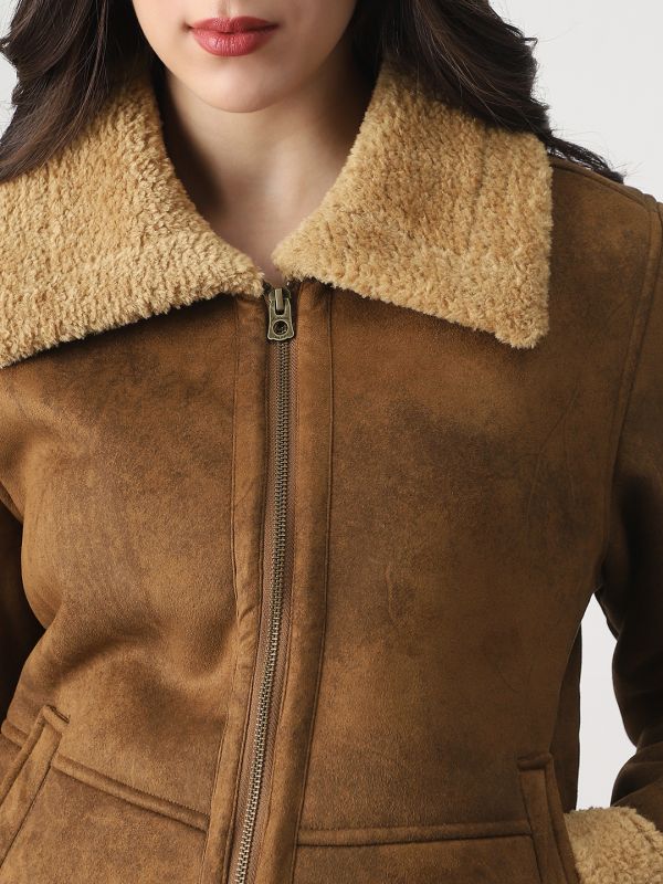 Globus Women Tan Faux Fur Spread Collar Front Zip 2 Pockets Suede Winterwear Jacket