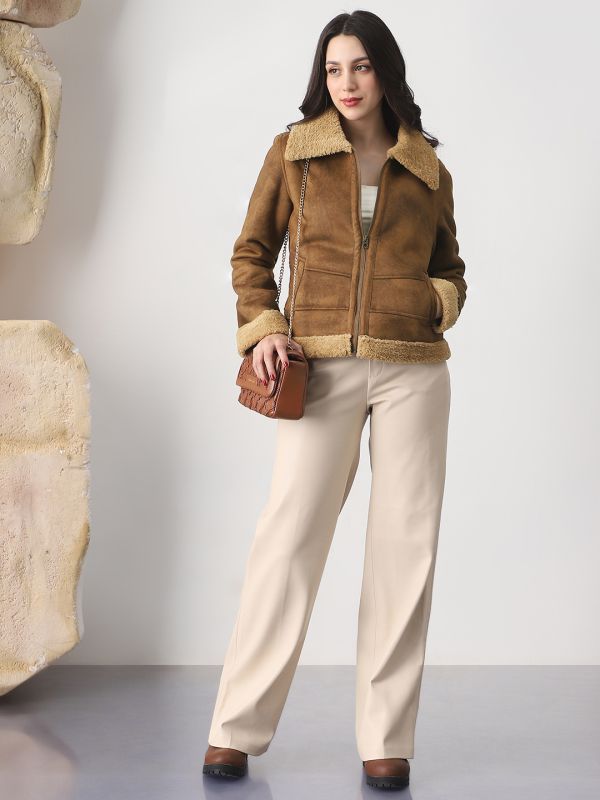 Globus Women Tan Faux Fur Spread Collar Front Zip 2 Pockets Suede Winterwear Jacket