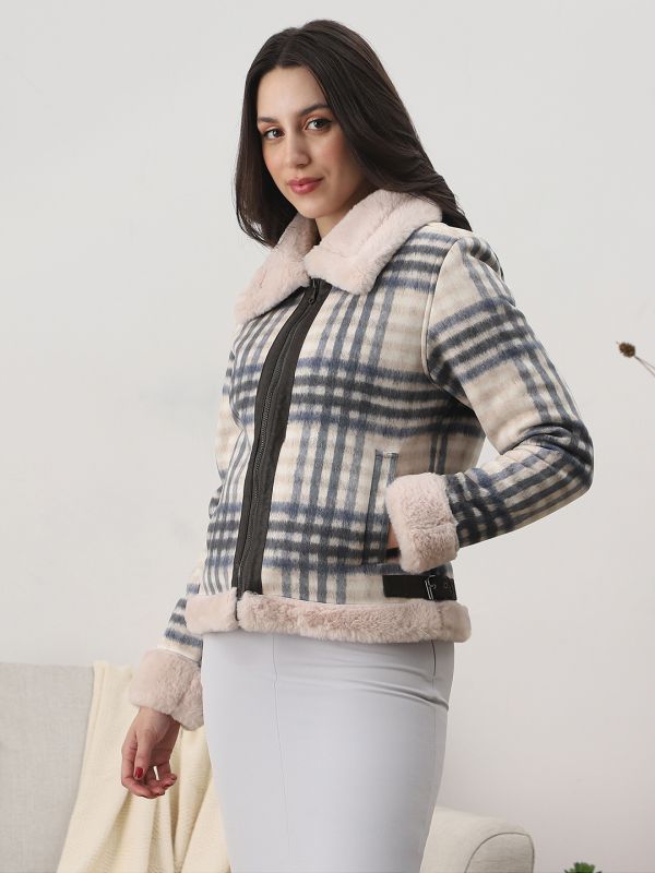 Globus Women Cream Spread Collar Long Sleeves Checked Faux Fur 2 Pockets Winter Wear Jacket