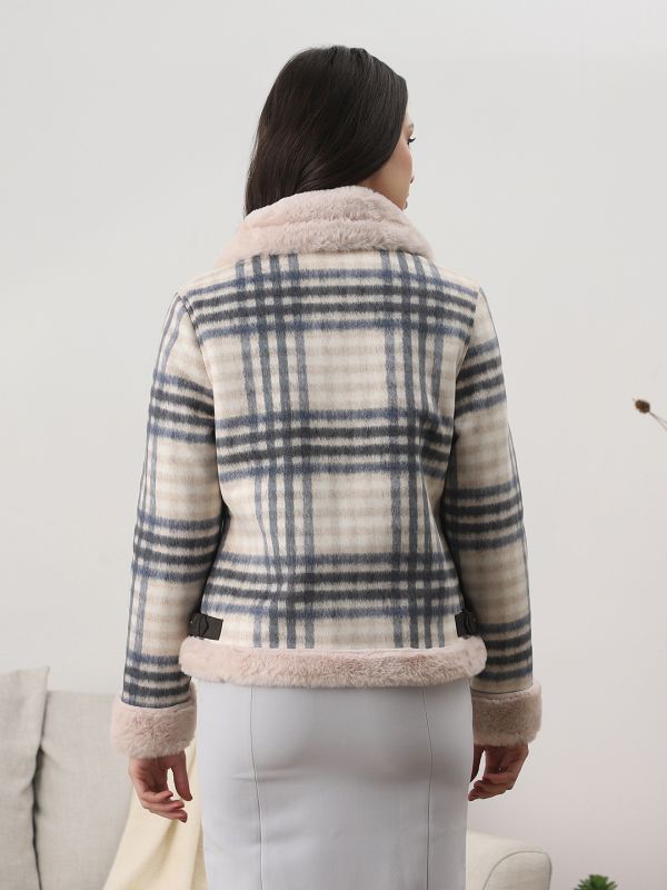 Globus Women Cream Spread Collar Long Sleeves Checked Faux Fur 2 Pockets Winter Wear Jacket