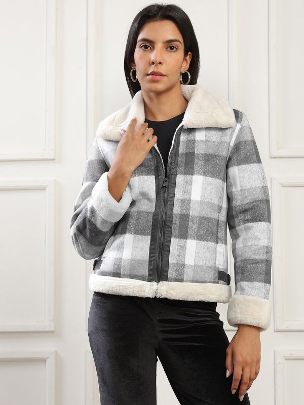 Globus Women Black Spread Collar Long Sleeves Soft Functional Checked Self Design 2 Pockets Winter Wear Jacket