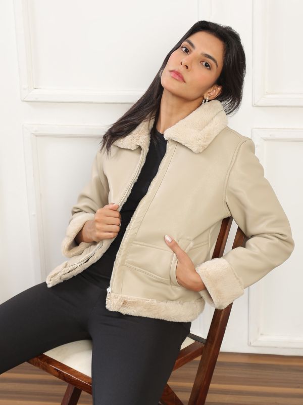 Globus Women Camel Brown Soft Functional Spread Collar Front Zip Winterwear Jacket