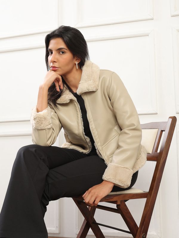 Globus Women Camel Brown Soft Functional Spread Collar Front Zip Winterwear Jacket