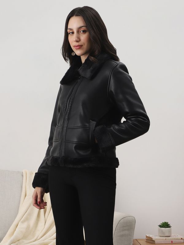Globus Women Black Spread Collar Front Zip 2 Pockets Faux Fur Detail Winterwear Jacket