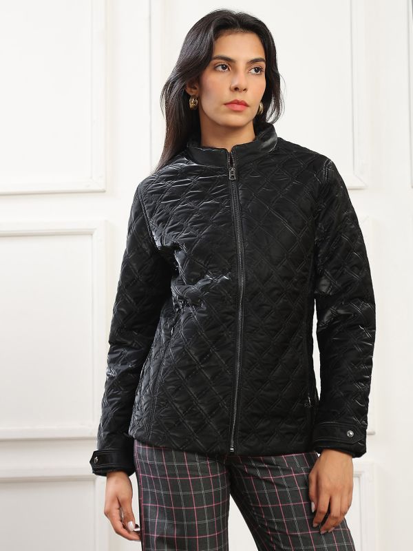 Globus Women Black Mock Neck Front Zip 2 Pockets Winter Wear Insulator Quilted Jacket