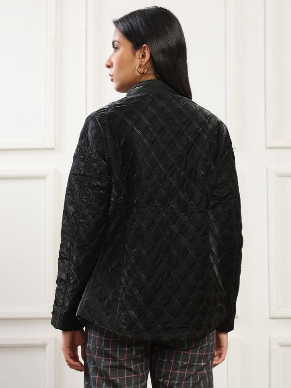 Globus Women Black Mock Neck Front Zip 2 Pockets Winter Wear Insulator Quilted Jacket