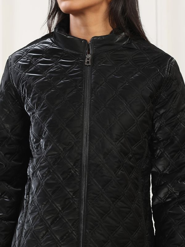 Globus Women Black Mock Neck Front Zip 2 Pockets Winter Wear Insulator Quilted Jacket