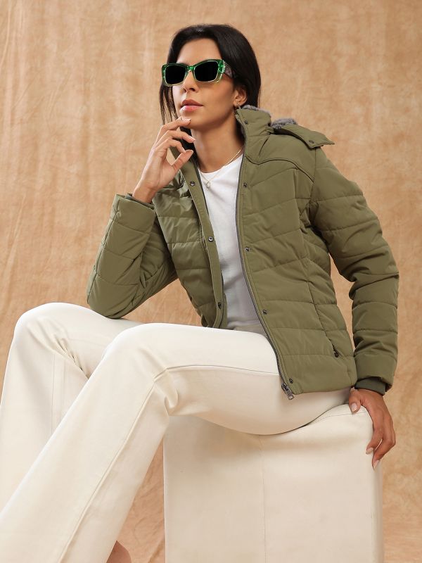Globus Women Olive Mock Neck Winter Wear Insulator Puffer Jacket With Soft Functional Hood