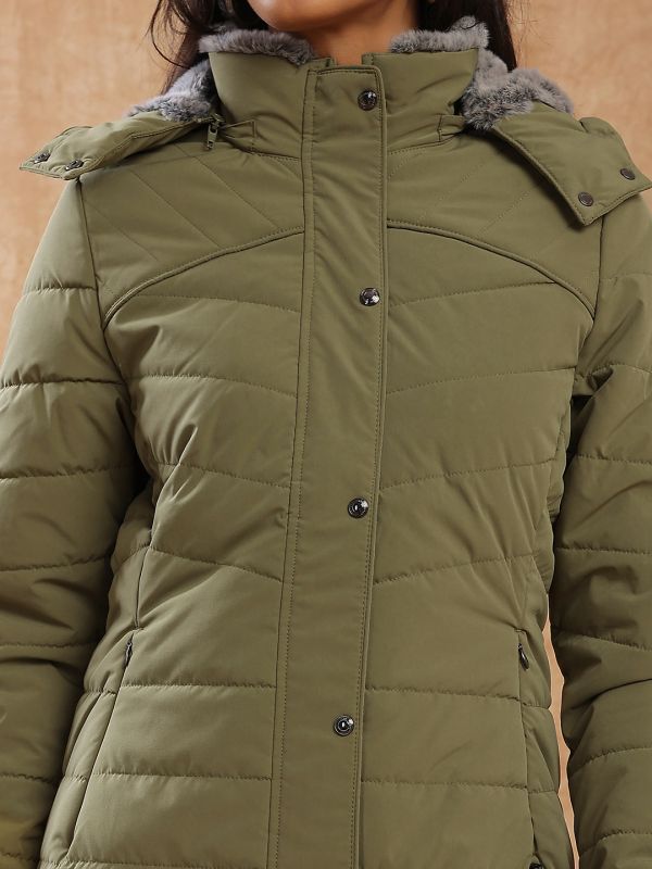 Globus Women Olive Mock Neck Winter Wear Insulator Puffer Jacket With Soft Functional Hood