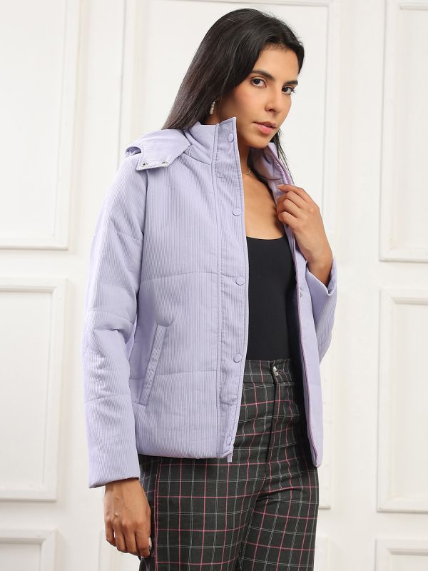 Globus Women Purple Mock Neck Long Sleeves 2 Pockets Self Design Winter Wear Insulator Puffer Jacket With Attached Hood