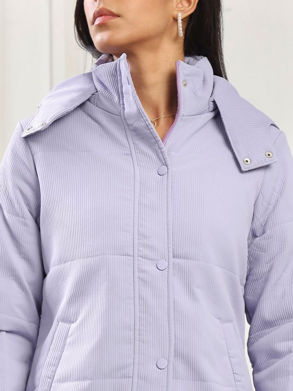 Globus Women Purple Mock Neck Long Sleeves 2 Pockets Self Design Winter Wear Insulator Puffer Jacket With Attached Hood