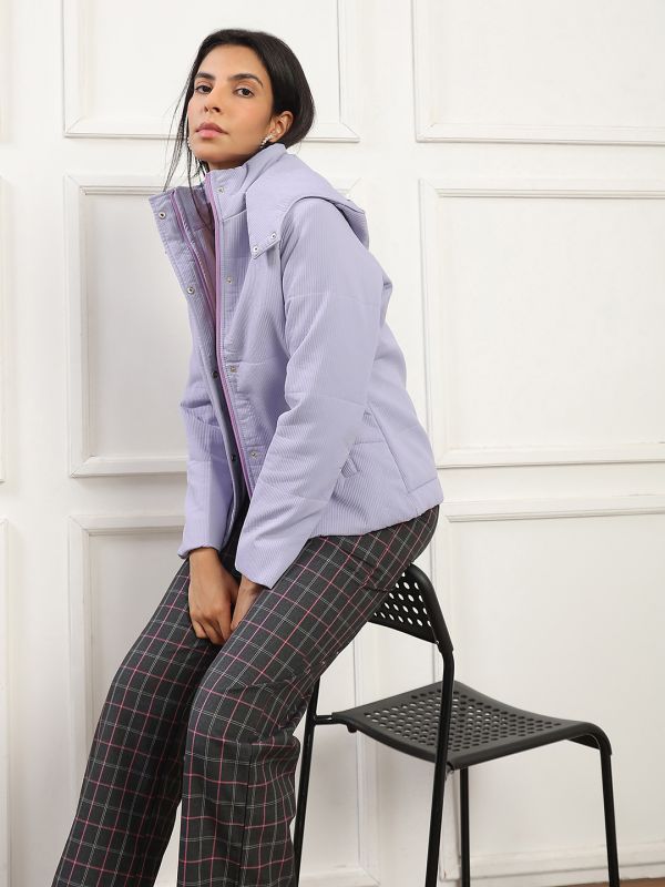 Globus Women Purple Mock Neck Long Sleeves 2 Pockets Self Design Winter Wear Insulator Puffer Jacket With Attached Hood