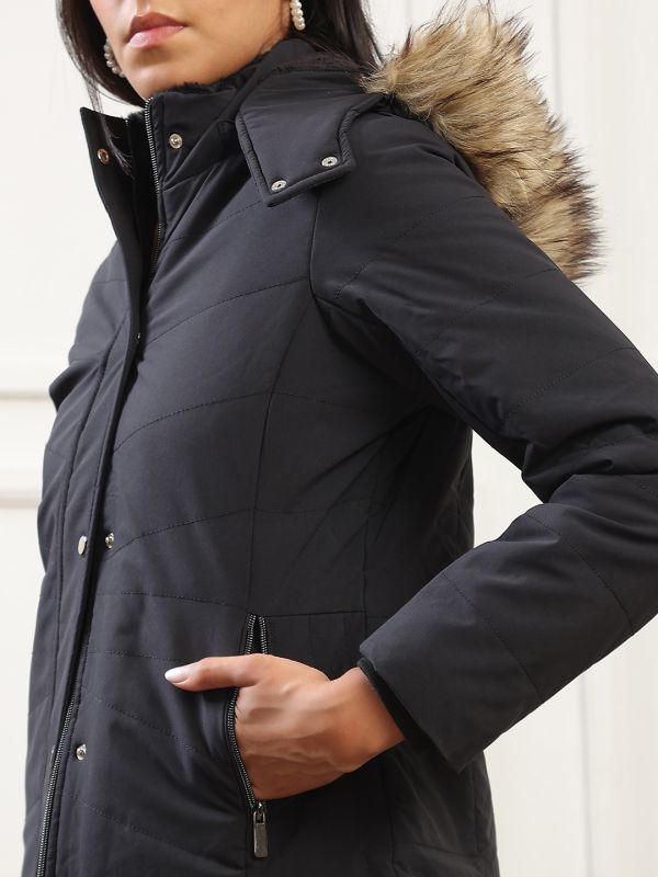 Globus Women Black Mock Neck Winter Wear Insulator Puffer Jacket With Faux Fur Hood