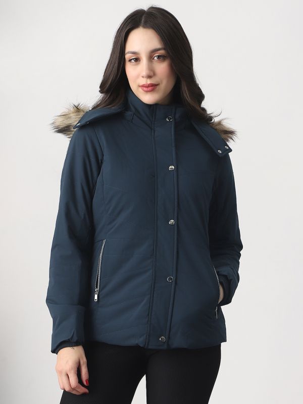 Globus Women Navy Blue Mock Neck Winter Wear Insulator Puffer Jacket With Detachable Faux Fur Hood