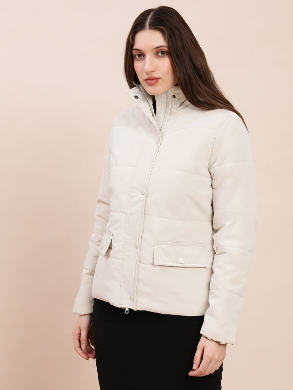Globus Women Off-White High Neck Long Sleeves Front Zip 2 Pockets Winterwear Puffer Jacket