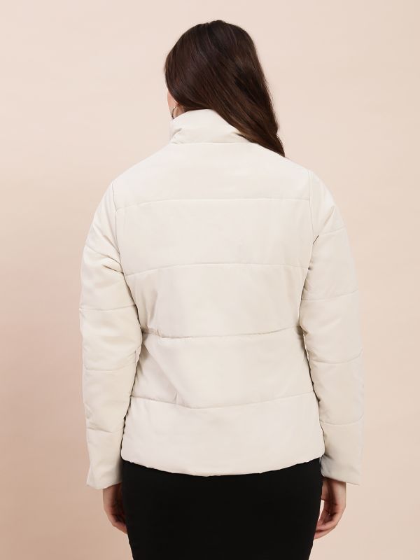 Globus Women Off-White High Neck Long Sleeves Front Zip 2 Pockets Winterwear Puffer Jacket