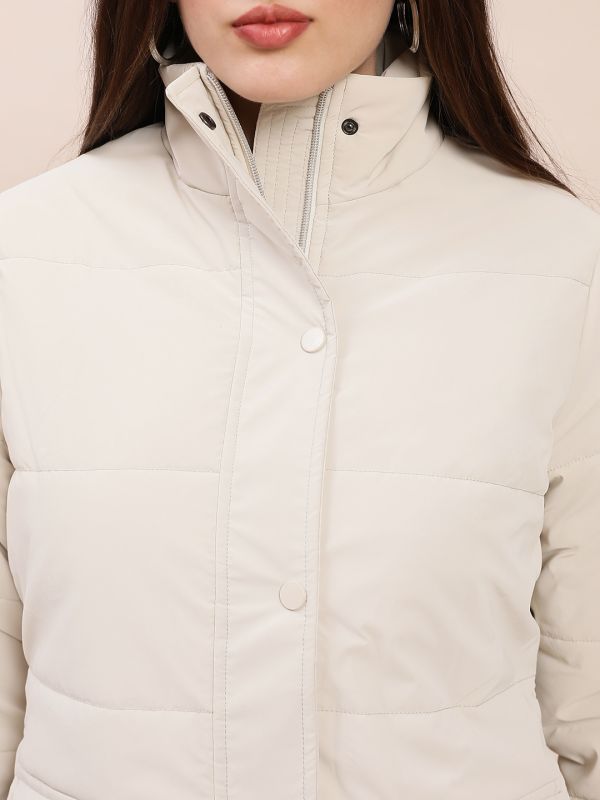 Globus Women Off-White High Neck Long Sleeves Front Zip 2 Pockets Winterwear Puffer Jacket