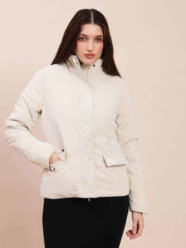 Globus Women Off-White High Neck Long Sleeves Front Zip 2 Pockets Winterwear Puffer Jacket