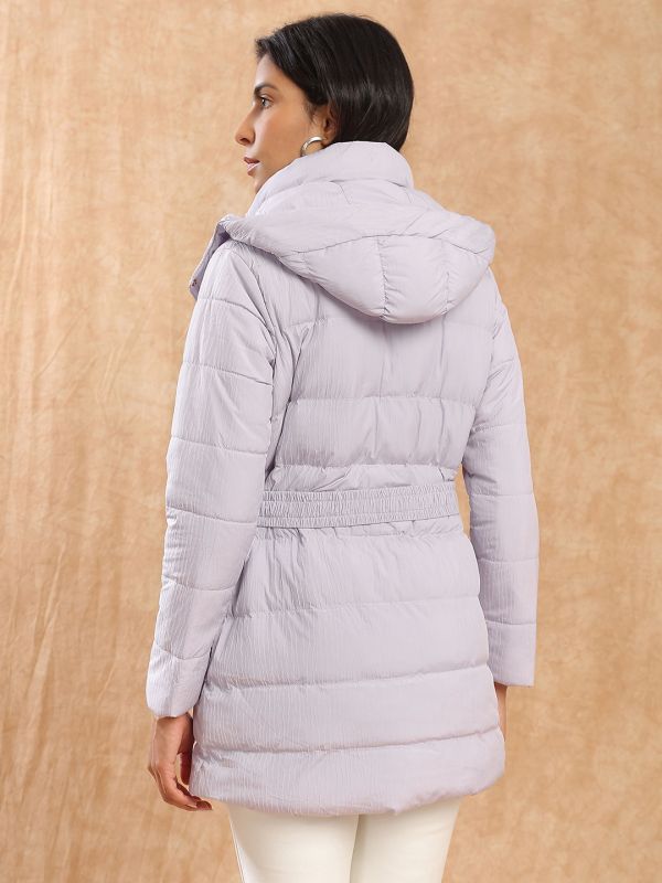 Globus Women Purple Mock Neck Long Sleeves Belted Winter Wear Insulator Puffer Jacket With Detachable Hood