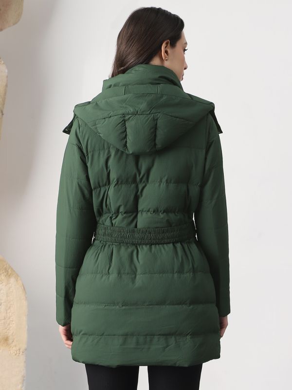 Globus Women Green Mock Neck Long Sleeves Belted Winter Wear Insulator Puffer Jacket With Detachable Hood