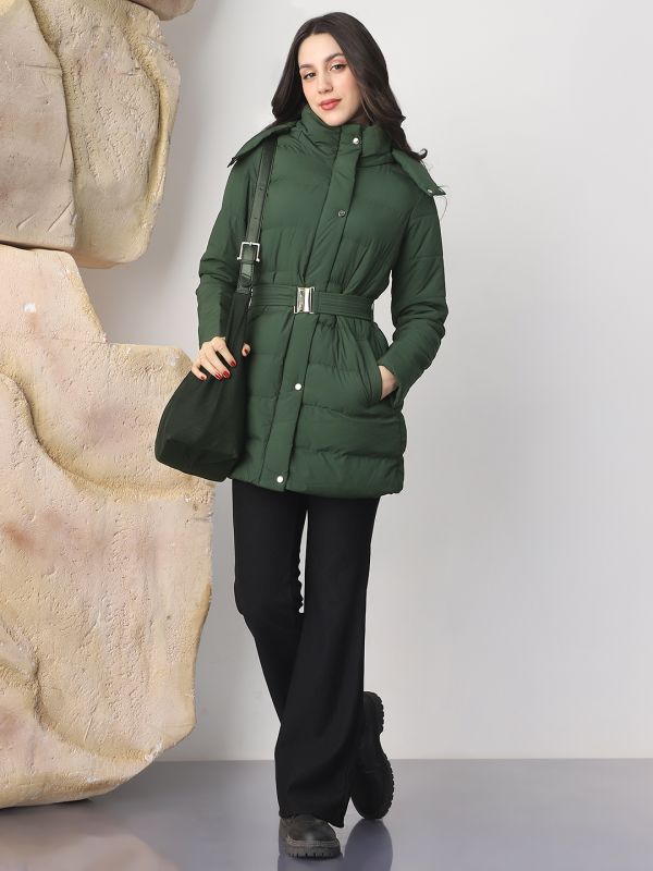 Globus Women Green Mock Neck Long Sleeves Belted Winter Wear Insulator Puffer Jacket With Detachable Hood