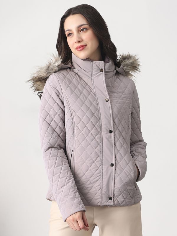 Globus Women Mauve Mock Neck Winter Wear Insulator Puffer Jacket With Detachable Faux Fur Hood