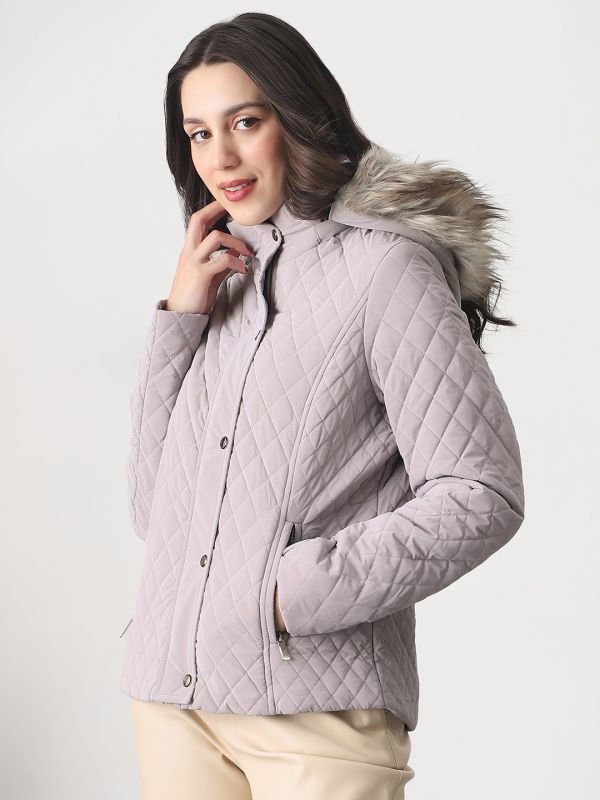 Globus Women Mauve Mock Neck Winter Wear Insulator Puffer Jacket With Detachable Faux Fur Hood