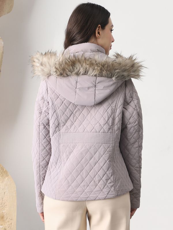 Globus Women Mauve Mock Neck Winter Wear Insulator Puffer Jacket With Detachable Faux Fur Hood