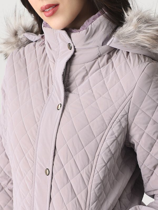 Globus Women Mauve Mock Neck Winter Wear Insulator Puffer Jacket With Detachable Faux Fur Hood