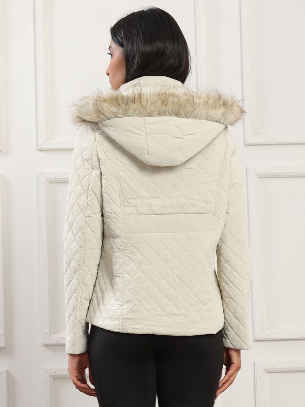 Globus Women Cream Mock Neck Winter Wear Insulator Puffer Jacket With Detachable Faux Fur Hood