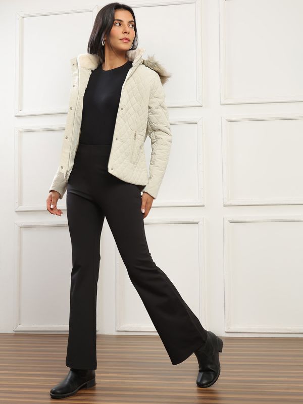 Globus Women Cream Mock Neck Winter Wear Insulator Puffer Jacket With Detachable Faux Fur Hood