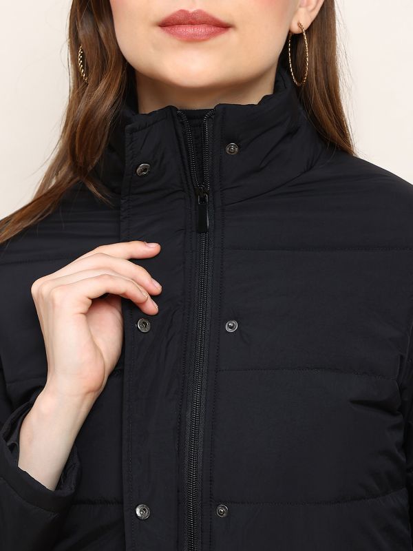 Globus Women Black Mock Neck 2 Pockets Detail Winter Wear Insulator Puffer Jacket
