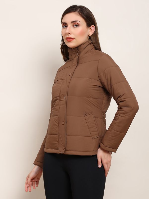 Globus Women Brown Mock Neck 2 Pockets Detail Winter Wear Insulator Puffer Jacket